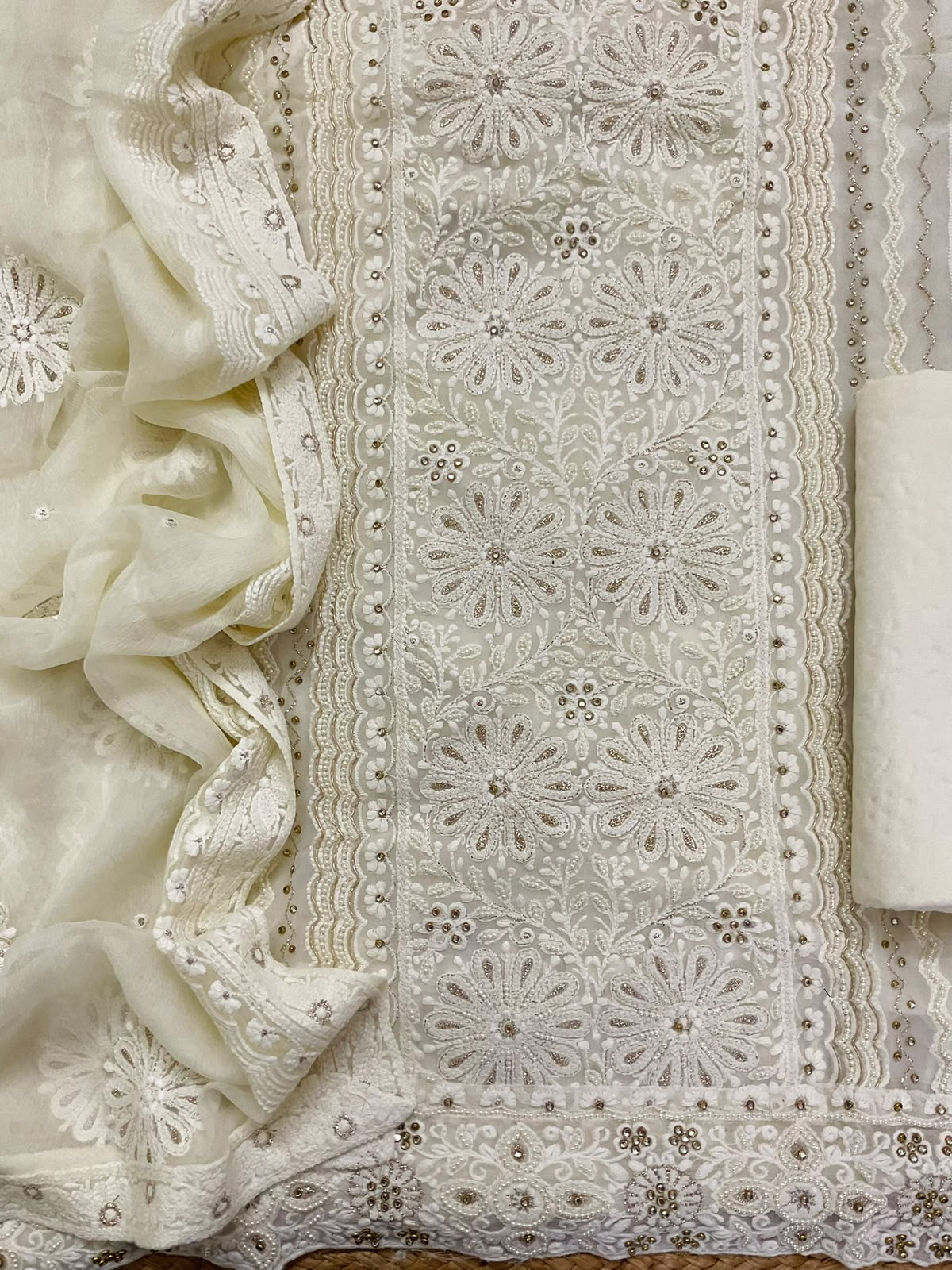 Pure Fine Georgette Embroidered Suit - Off White