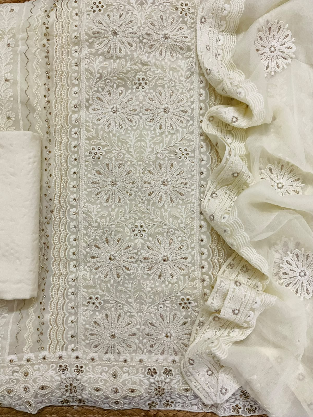Pure Fine Georgette Embroidered Suit - Off White