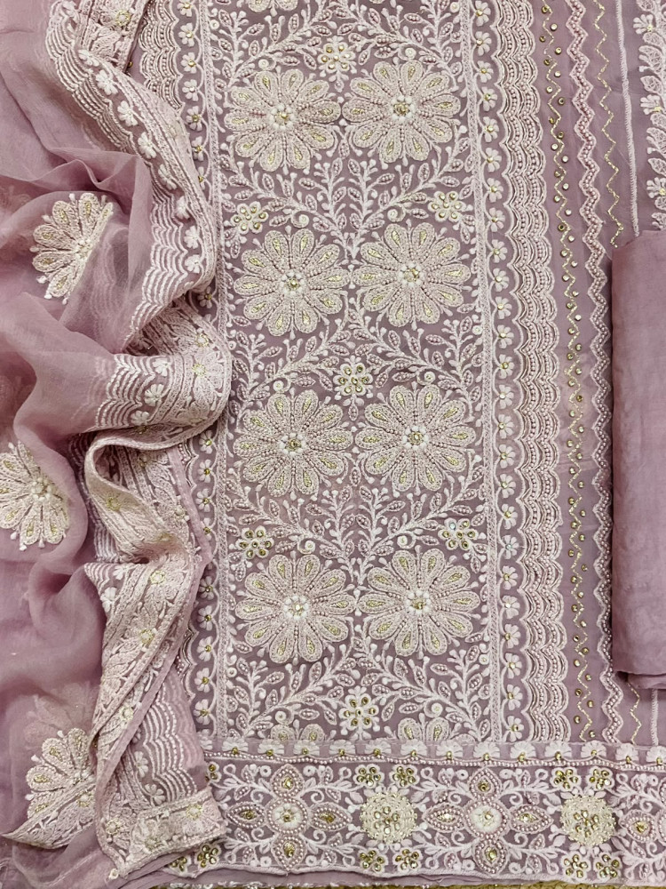 Image of Pure Fine Georgette Embroidered Suit - Mauve