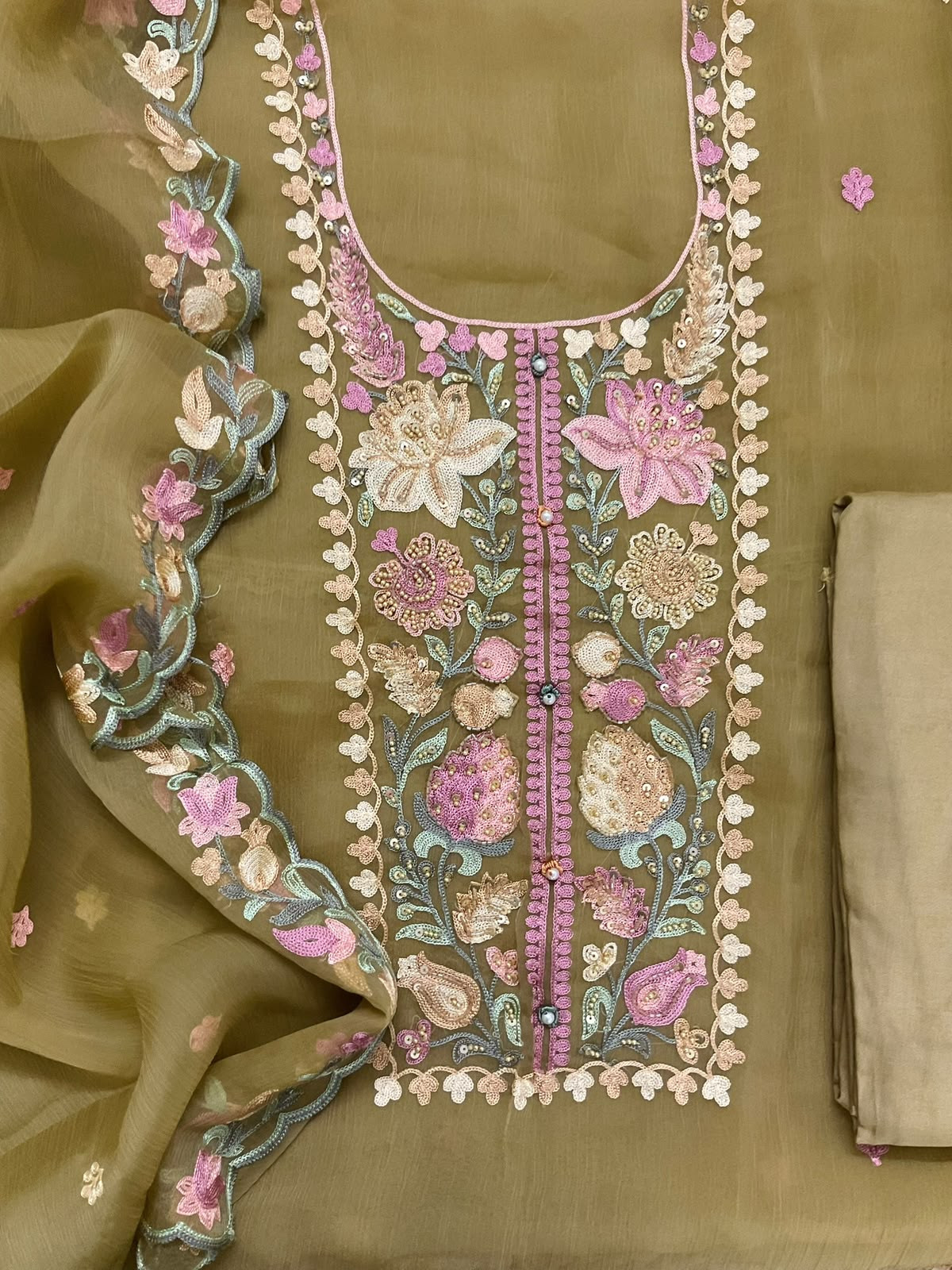 Soft Marbel Chiffon Embroidered Suit - Dark Mustard