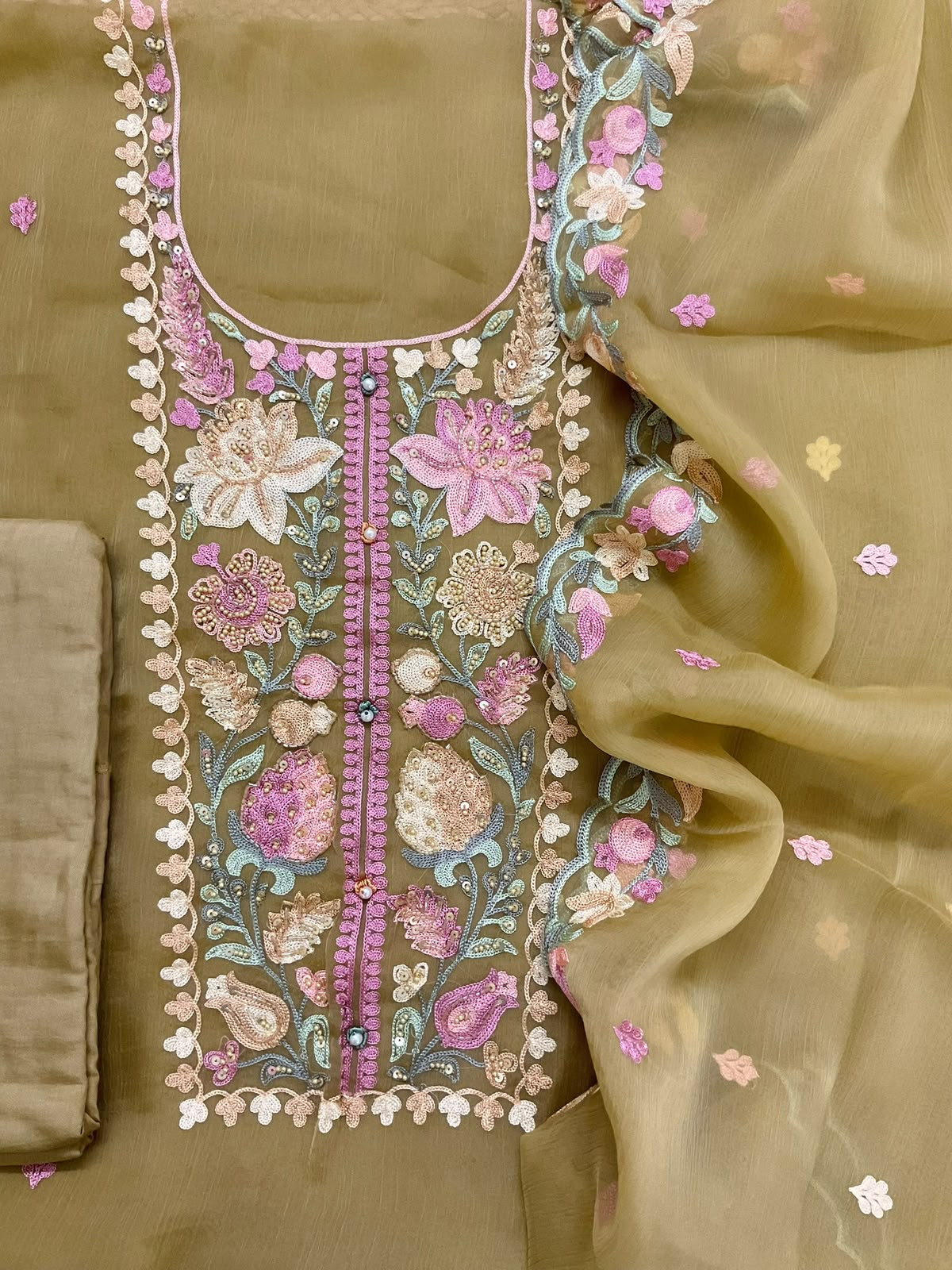 Soft Marbel Chiffon Embroidered Suit - Dark Mustard