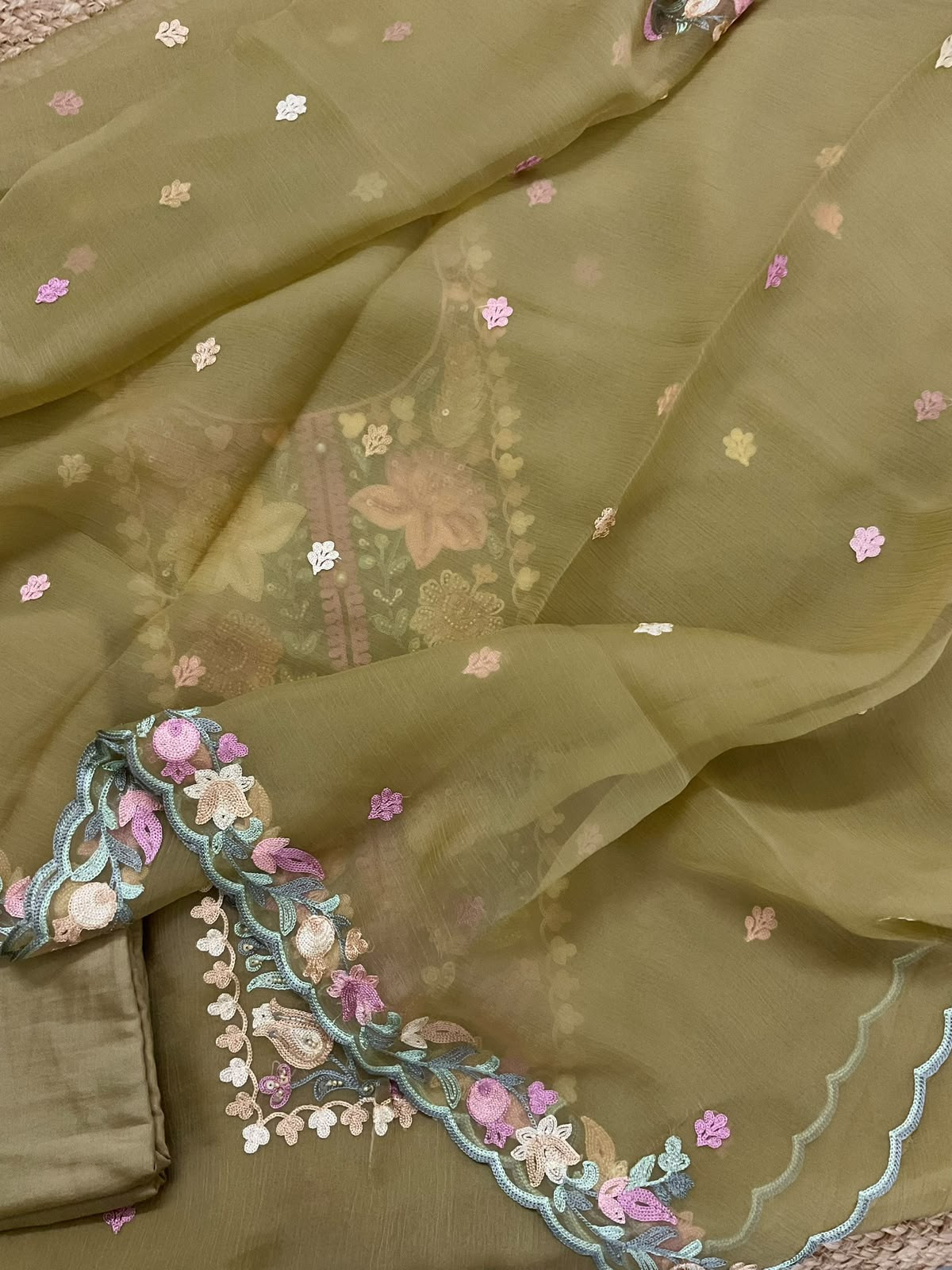 Soft Marbel Chiffon Embroidered Suit - Dark Mustard