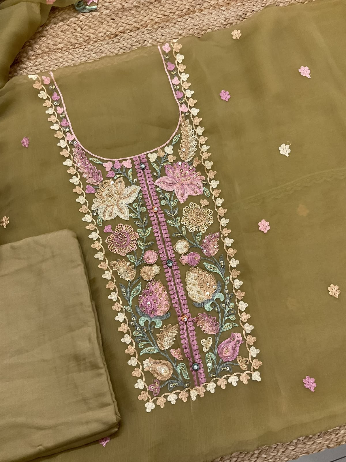 Soft Marbel Chiffon Embroidered Suit - Dark Mustard