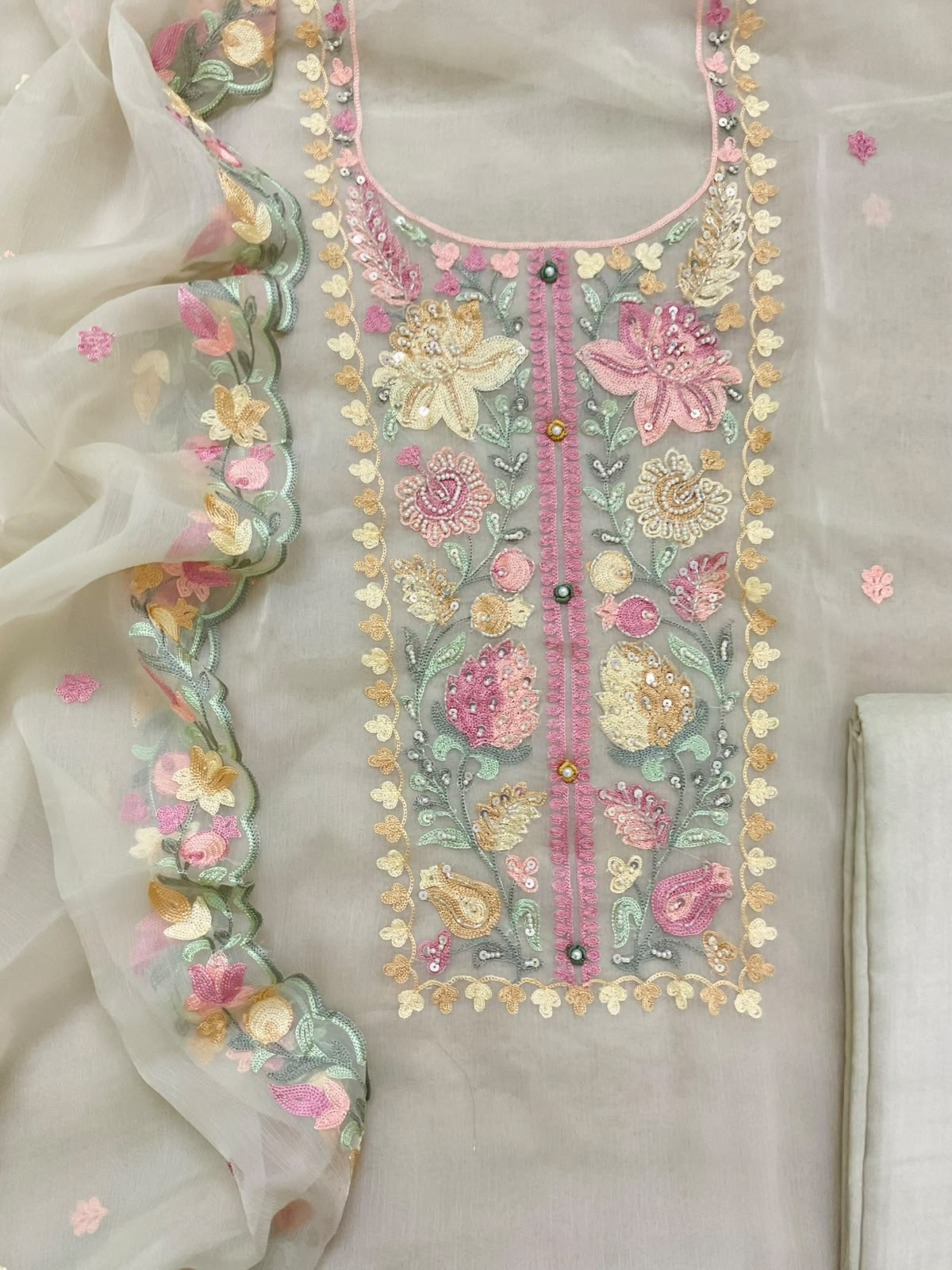 Soft Marbel Chiffon Embroidered Suit - Light Beige