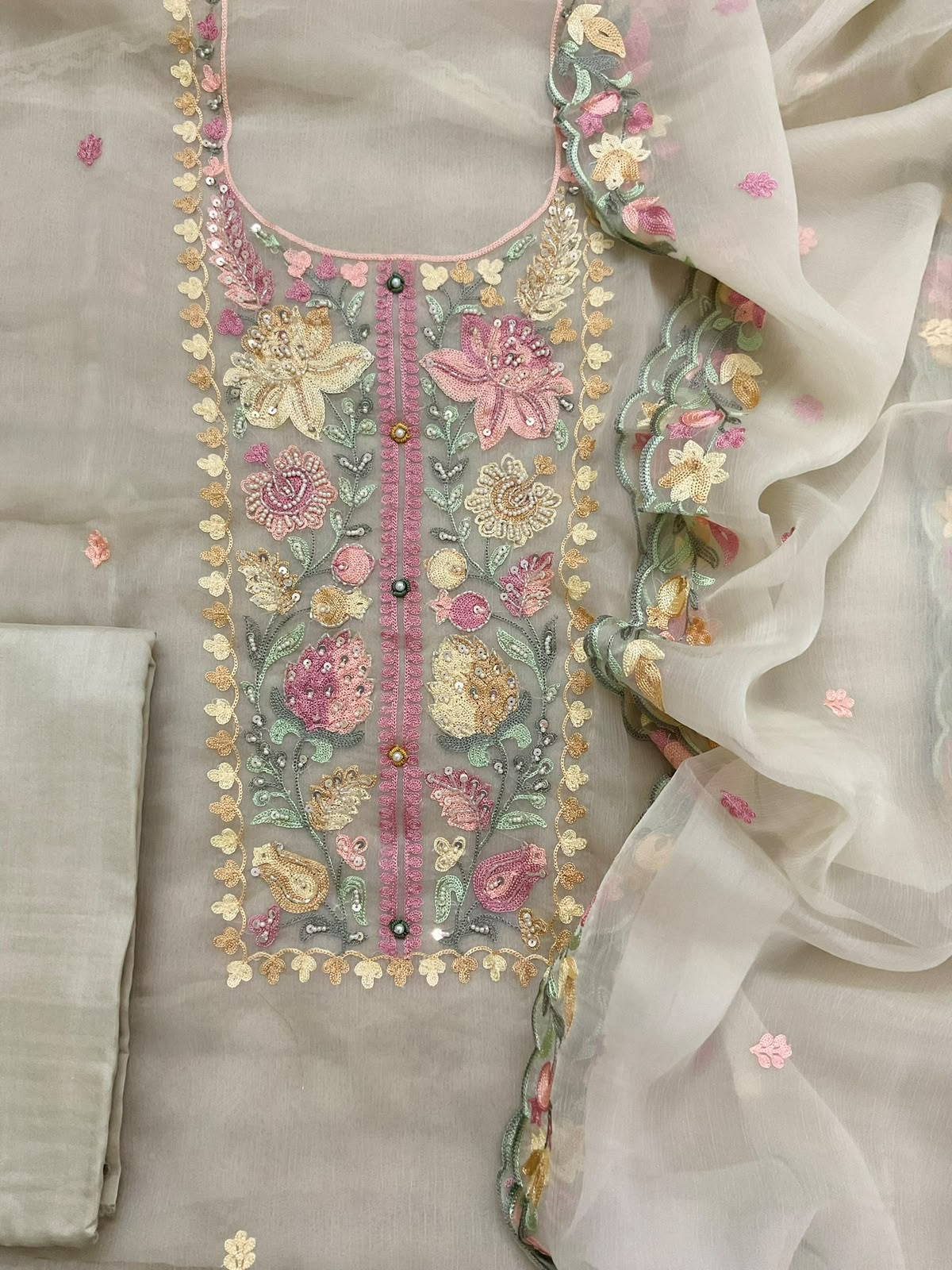 Soft Marbel Chiffon Embroidered Suit - Light Beige
