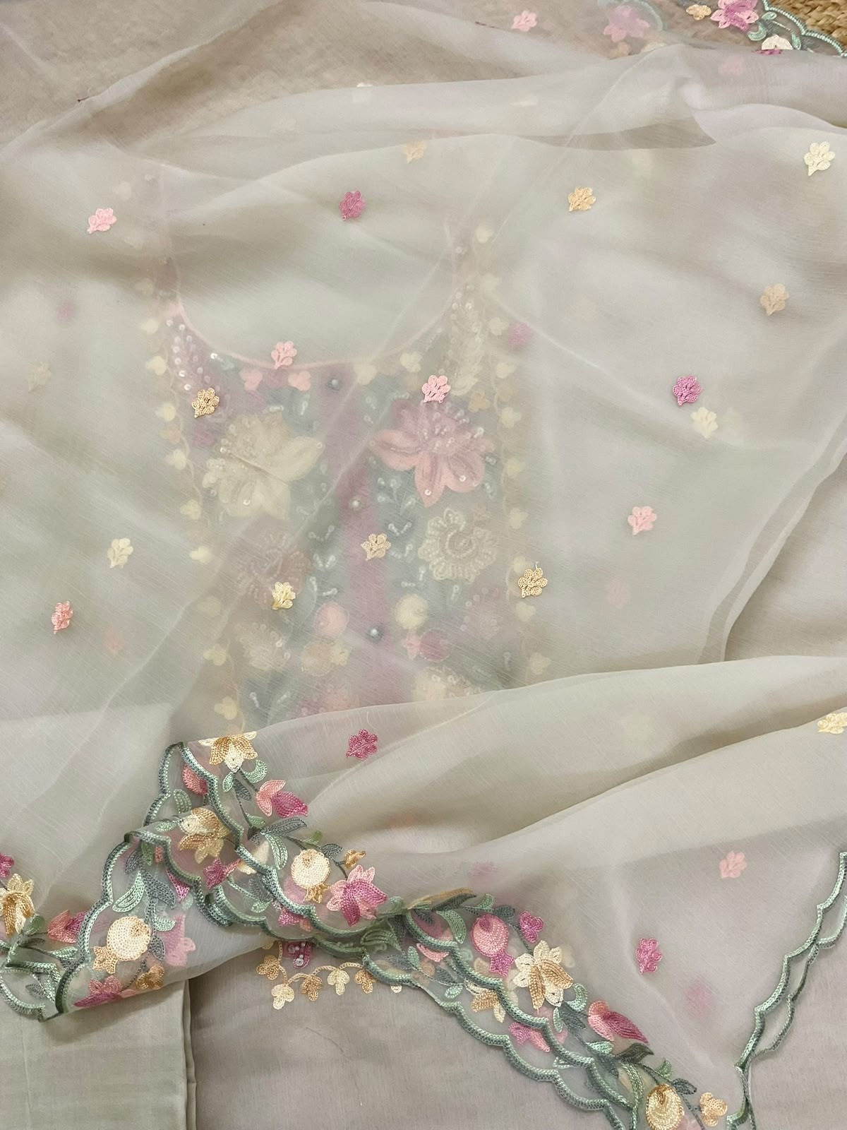 Soft Marbel Chiffon Embroidered Suit - Light Beige