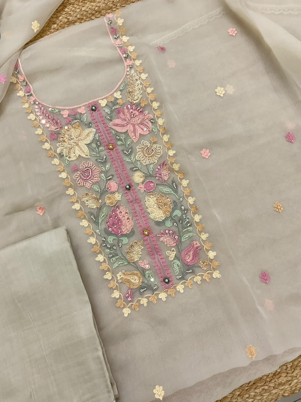 Soft Marbel Chiffon Embroidered Suit - Light Beige