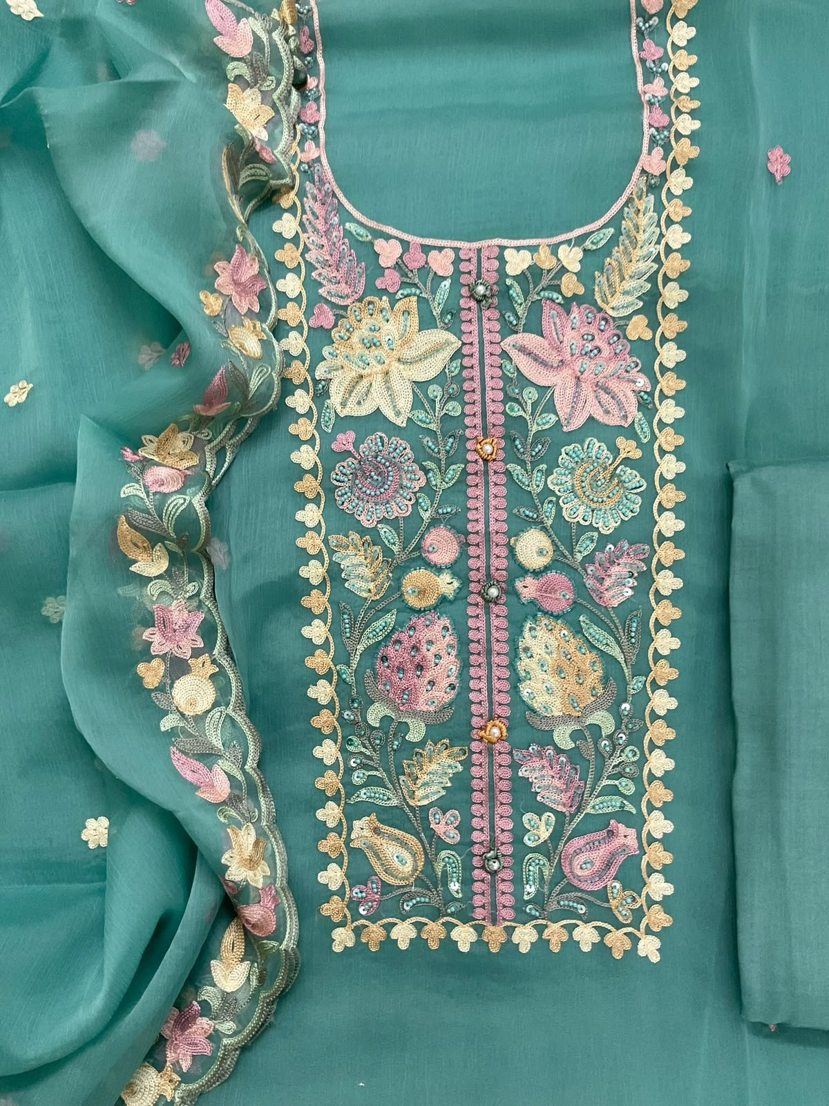Soft Marbel Chiffon Embroidered Suit - Blue