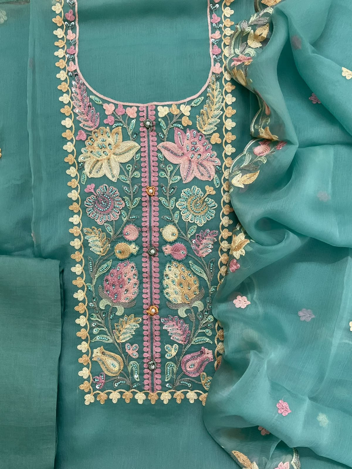 Soft Marbel Chiffon Embroidered Suit - Blue