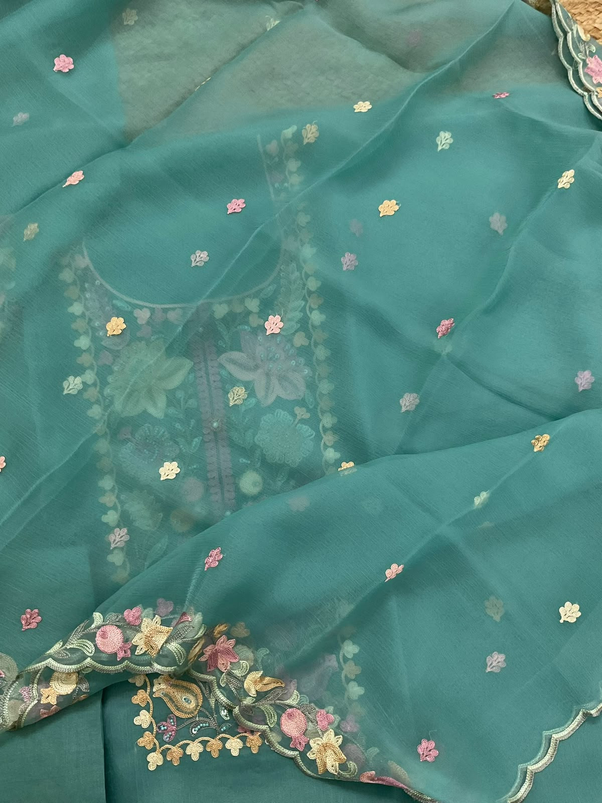 Soft Marbel Chiffon Embroidered Suit - Blue