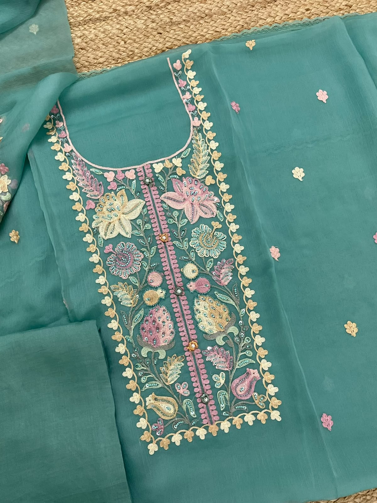 Soft Marbel Chiffon Embroidered Suit - Blue