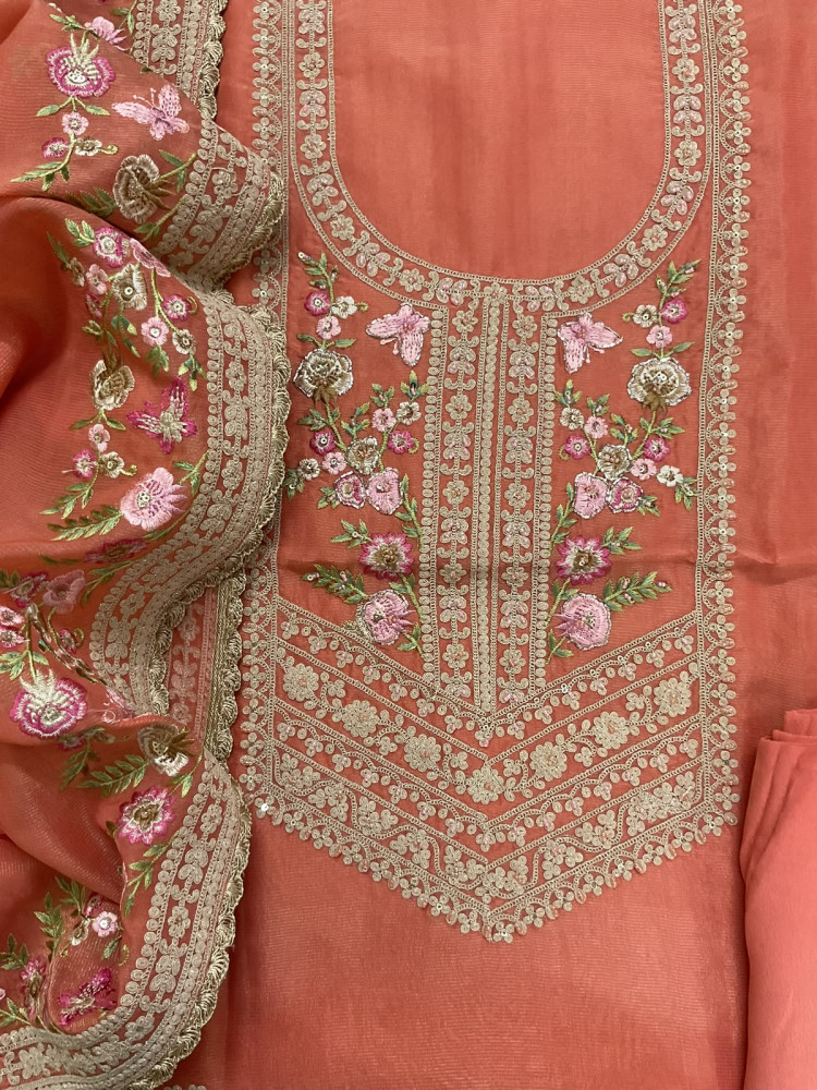 Image of Pure Tissue Chanderi Embroidered Suit - Orange