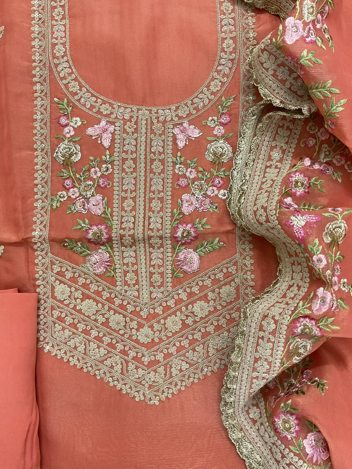 Pure Tissue Chanderi Embroidered Suit - Orange