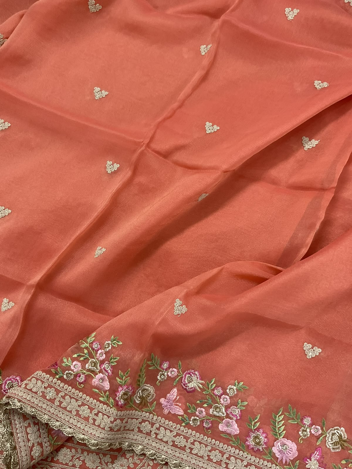 Pure Tissue Chanderi Embroidered Suit - Orange