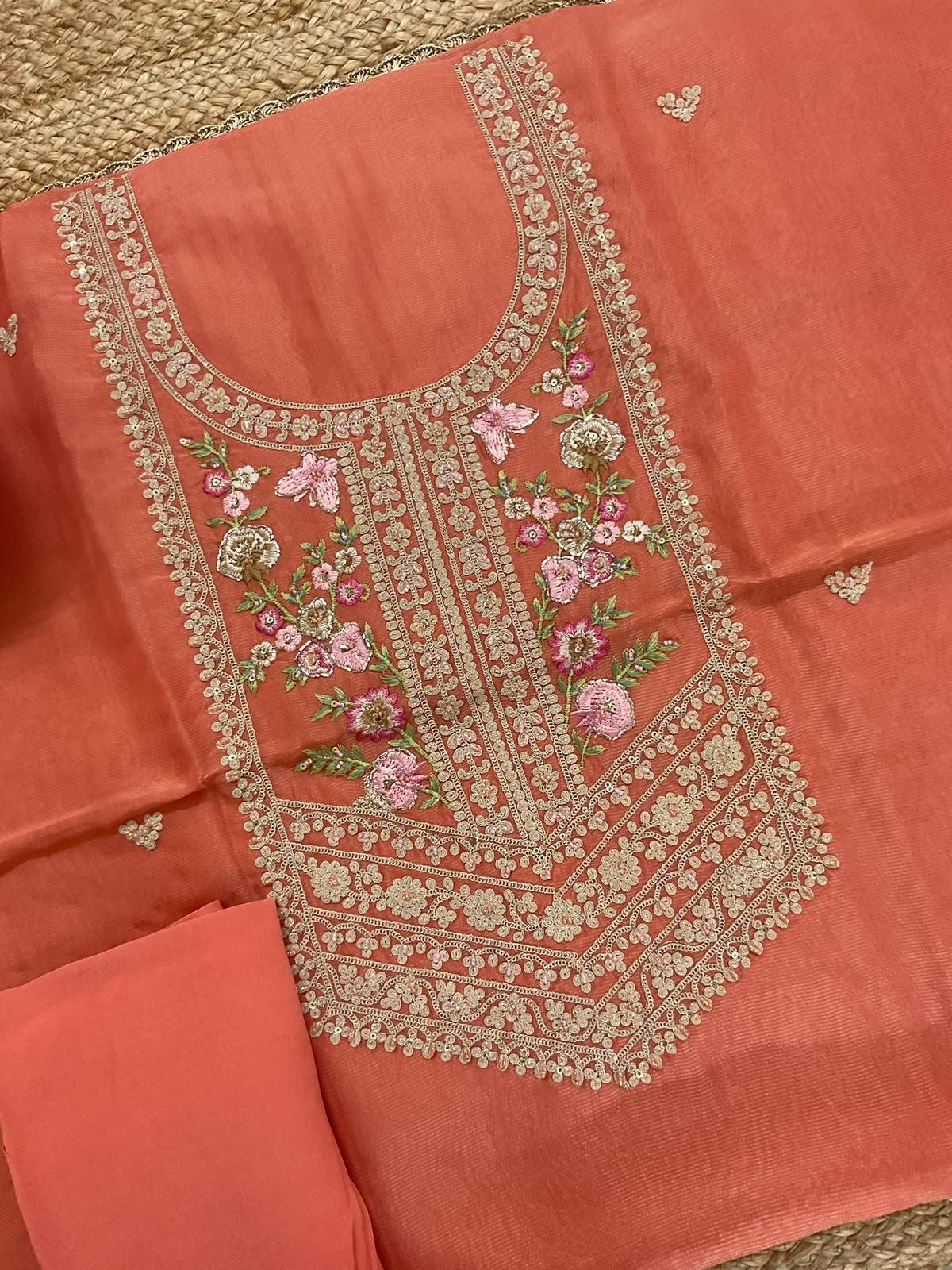 Pure Tissue Chanderi Embroidered Suit - Orange