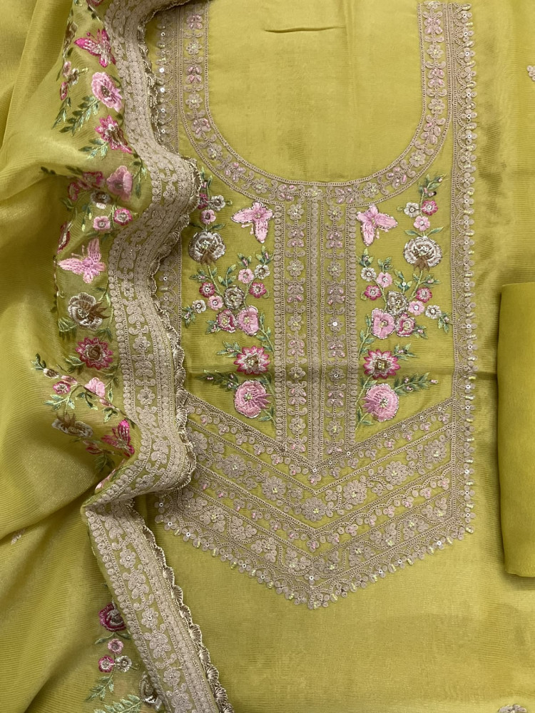 Image of Pure Tissue Chanderi Embroidered Suit - Green