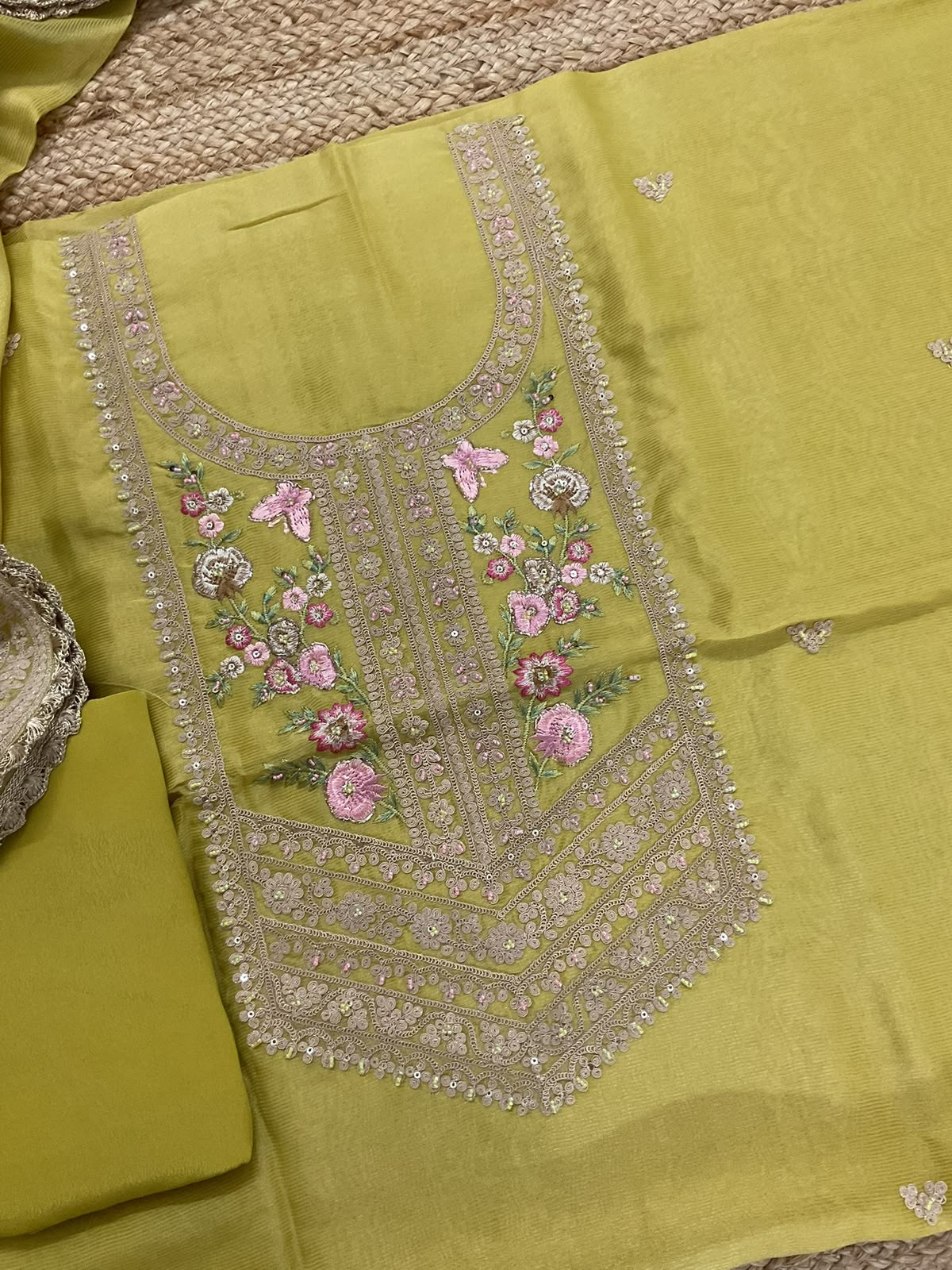 Pure Tissue Chanderi Embroidered Suit - Green