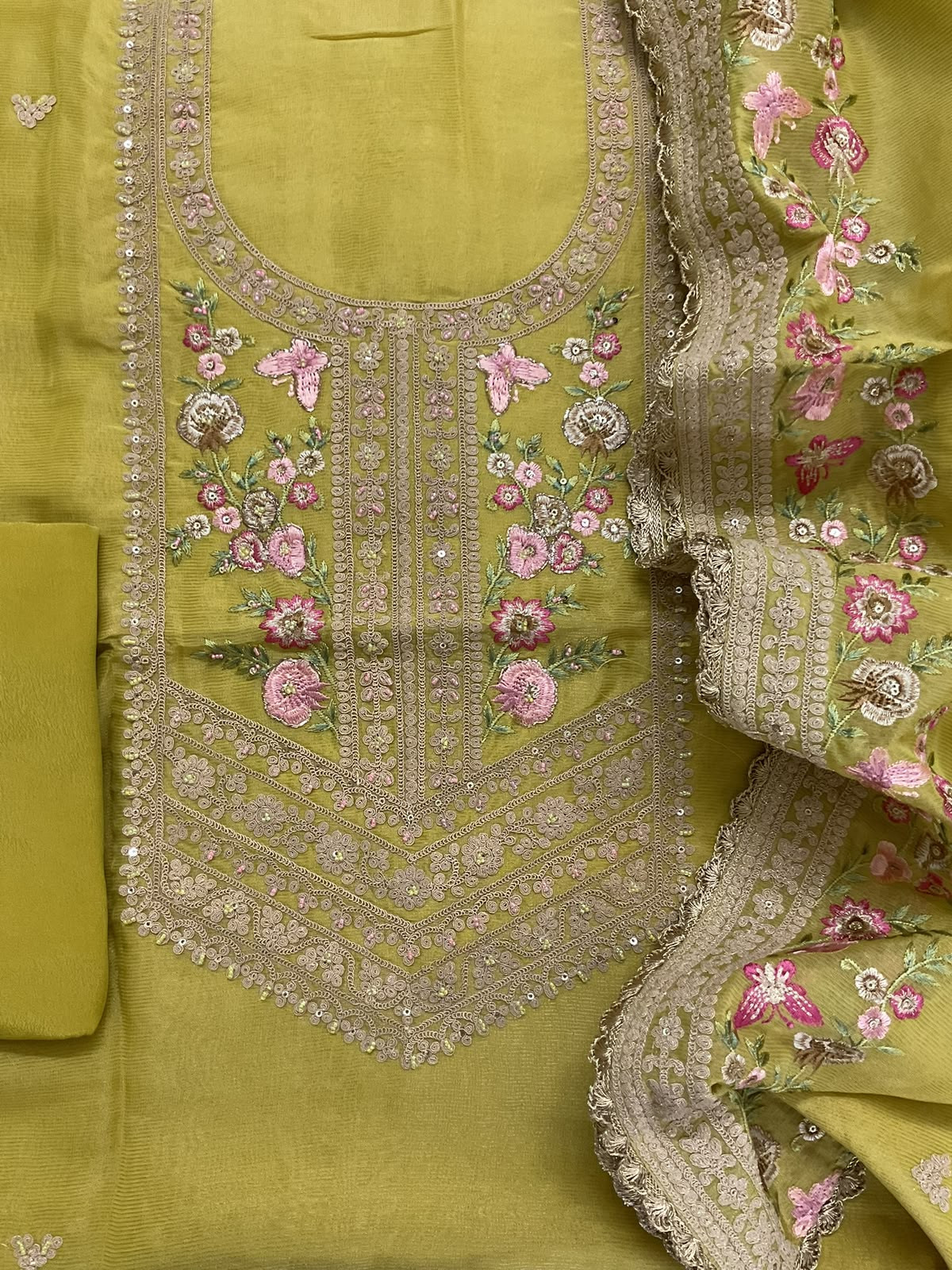 Pure Tissue Chanderi Embroidered Suit - Green