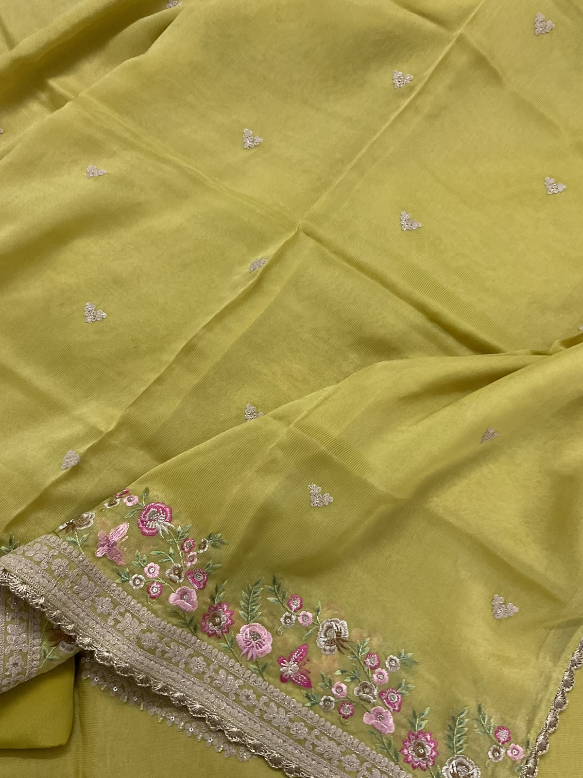 Pure Tissue Chanderi Embroidered Suit - Green