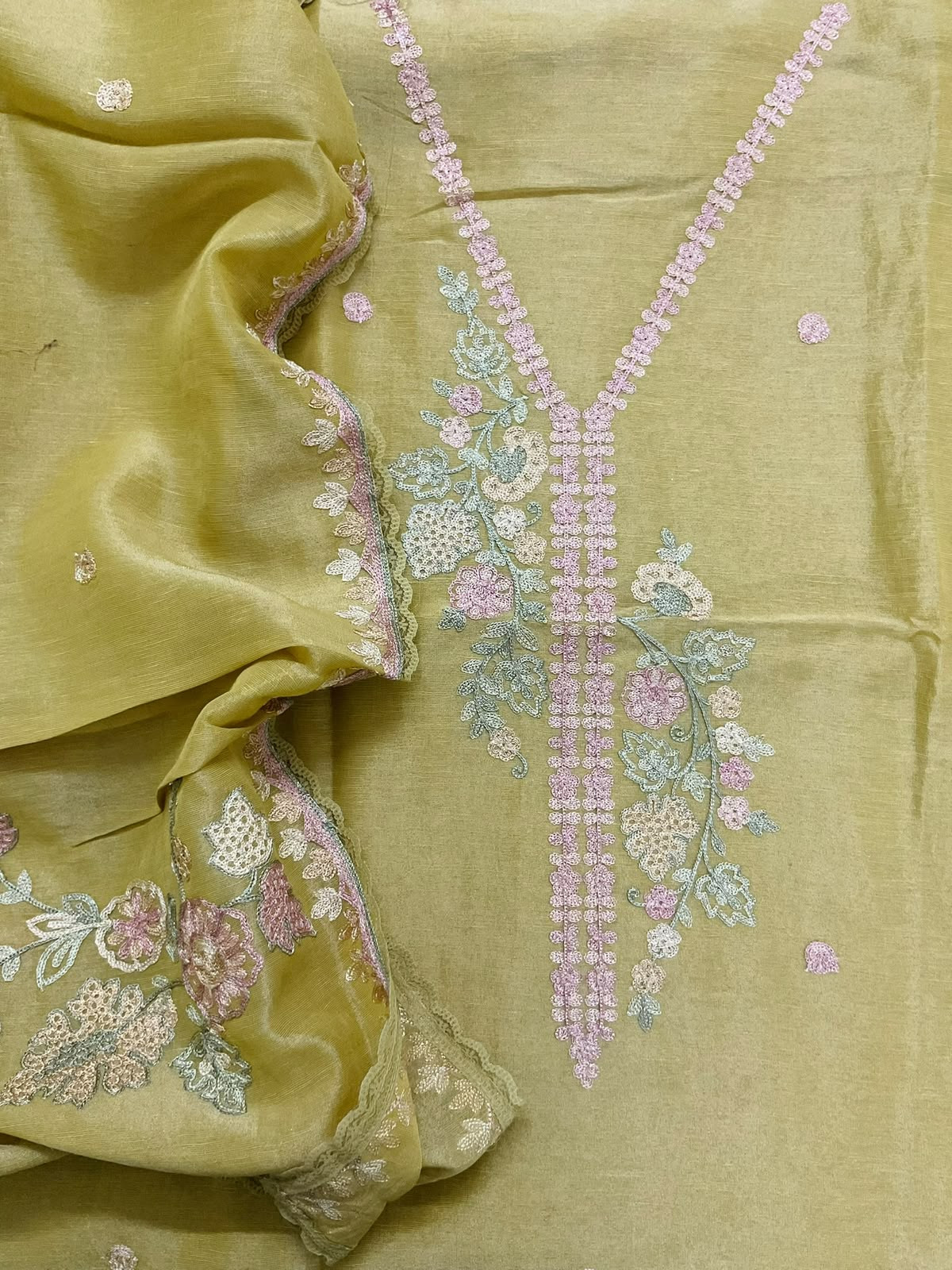 Pure Tissue Chanderi Embroidered Suit - Green