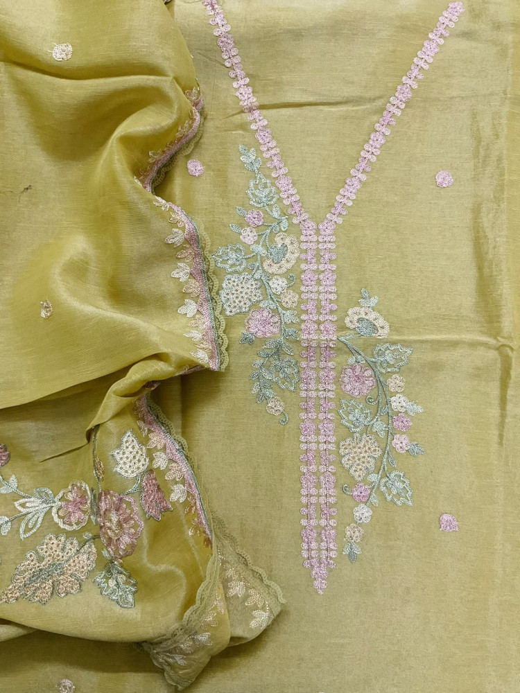 Image of Pure Tissue Chanderi Embroidered Suit - Green