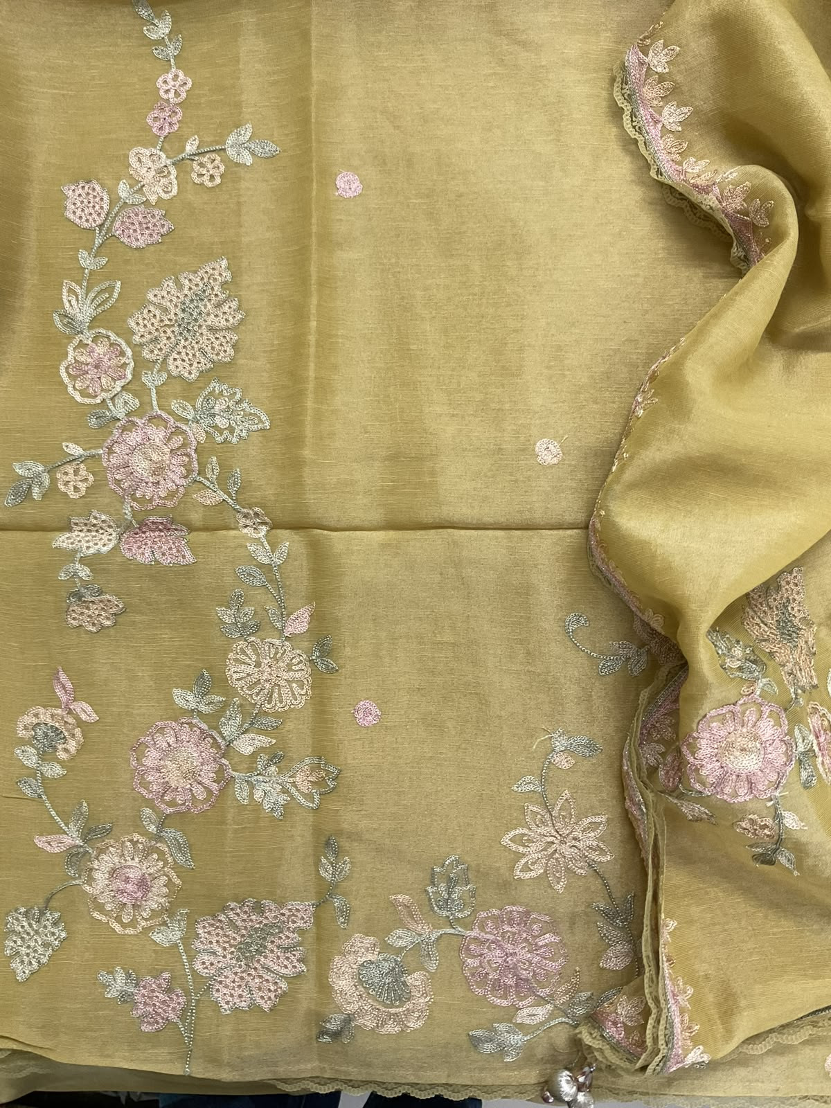 Pure Tissue Chanderi Embroidered Suit - Green