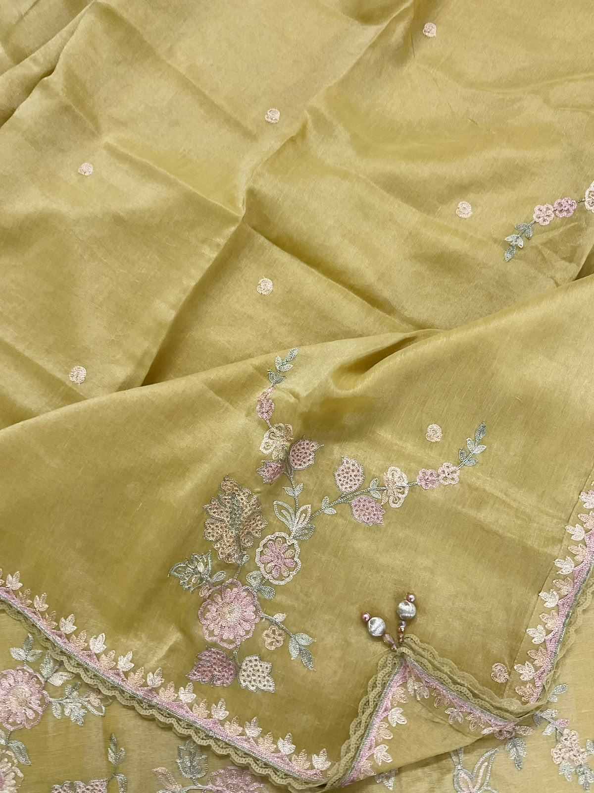 Pure Tissue Chanderi Embroidered Suit - Green