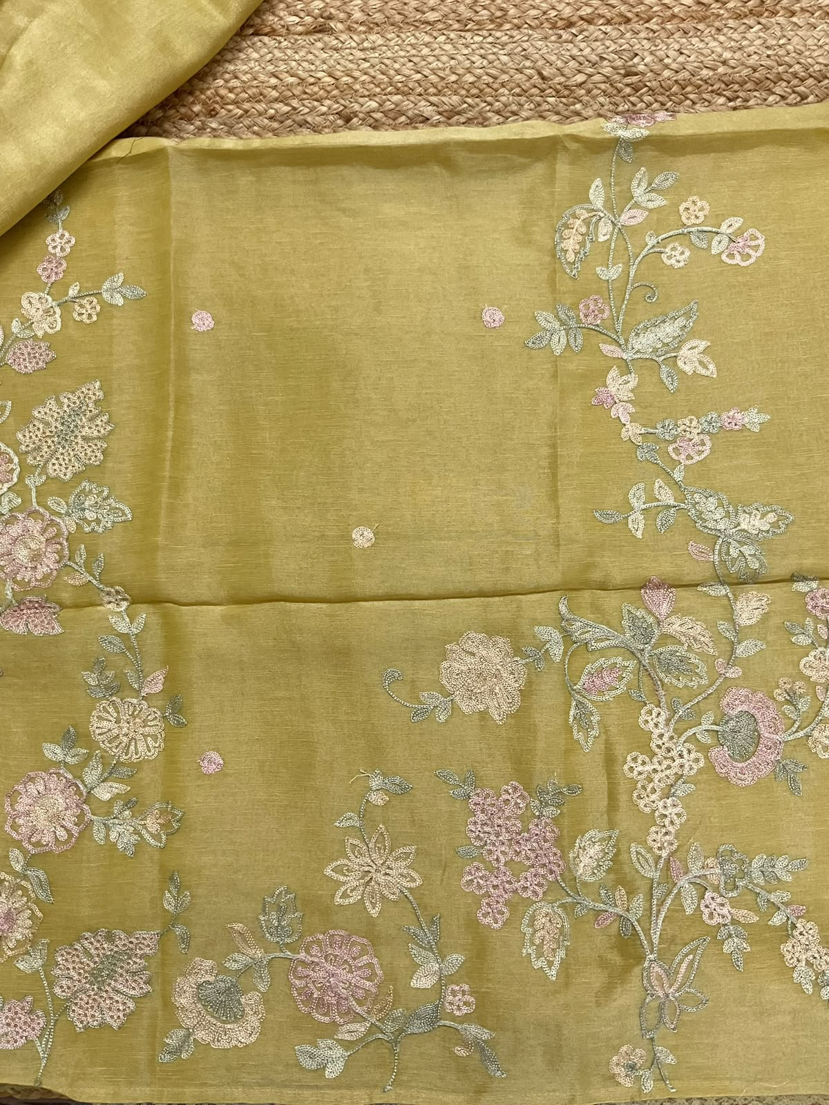 Pure Tissue Chanderi Embroidered Suit - Green