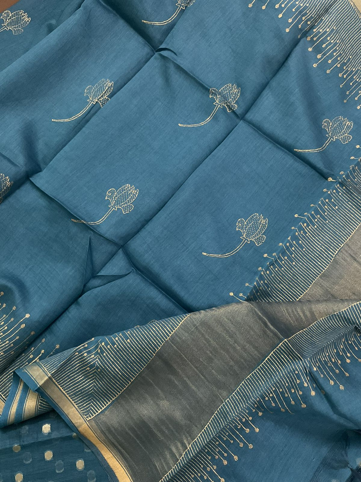 Pure Mul Chanderi Printed Banarasi Weaved Suit - Grey