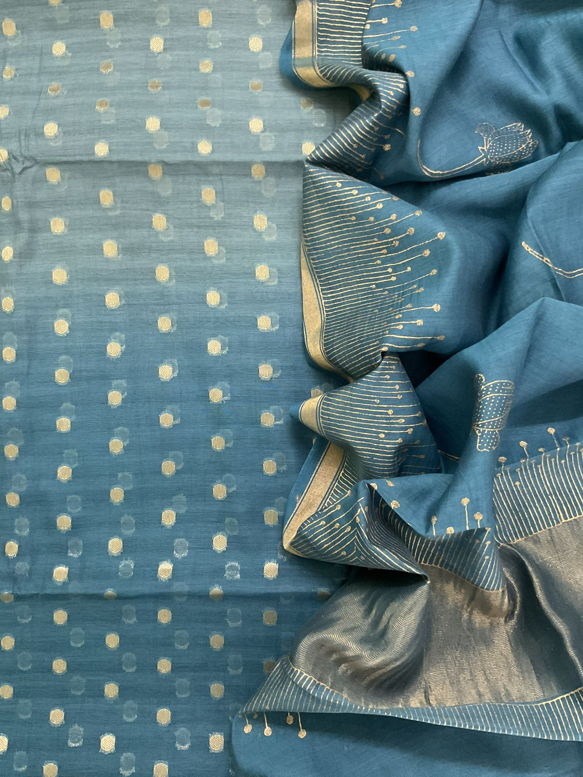 Pure Mul Chanderi Printed Banarasi Weaved Suit - Grey