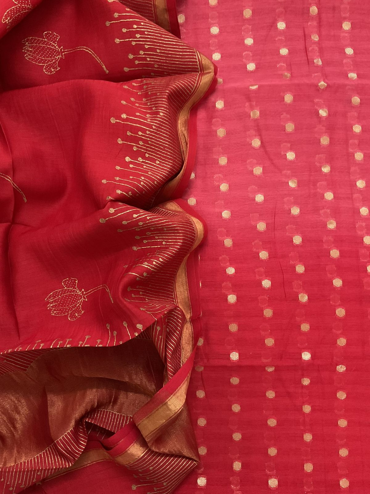 Pure Mul Chanderi Printed Banarasi Weaved Suit - Red