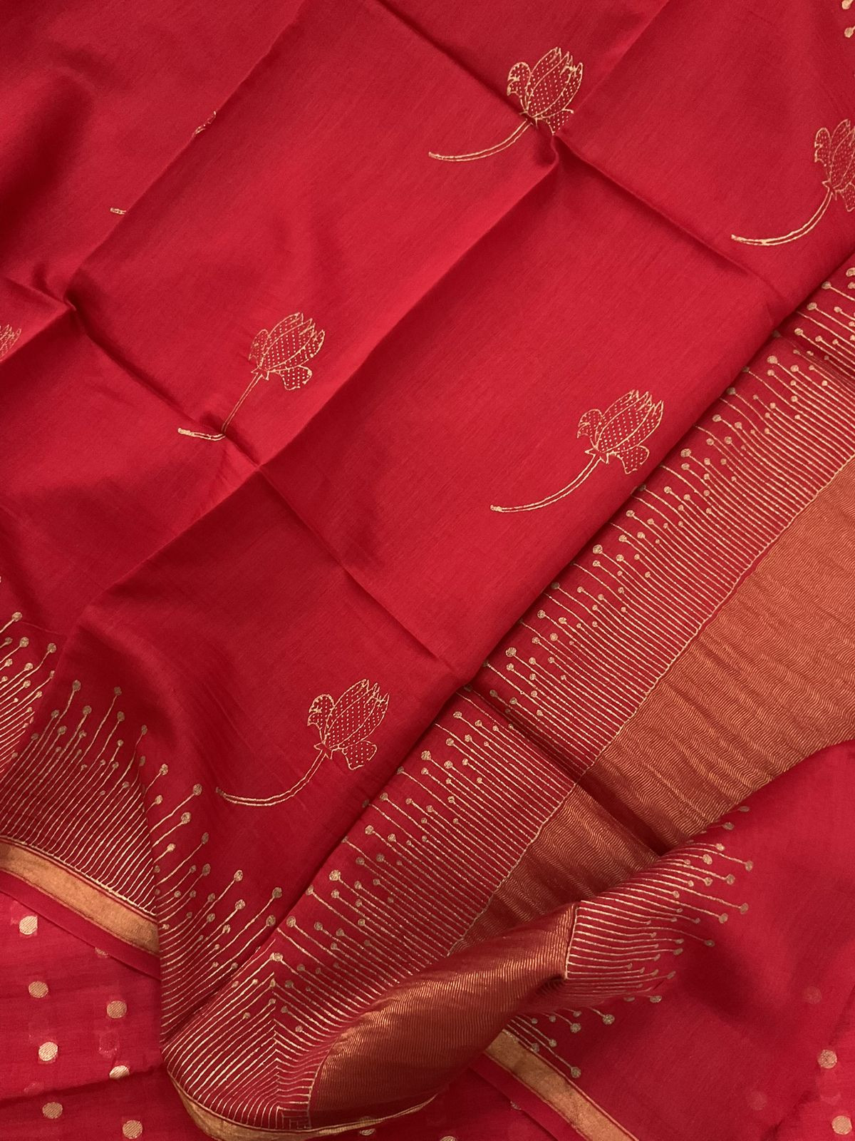 Pure Mul Chanderi Printed Banarasi Weaved Suit - Red