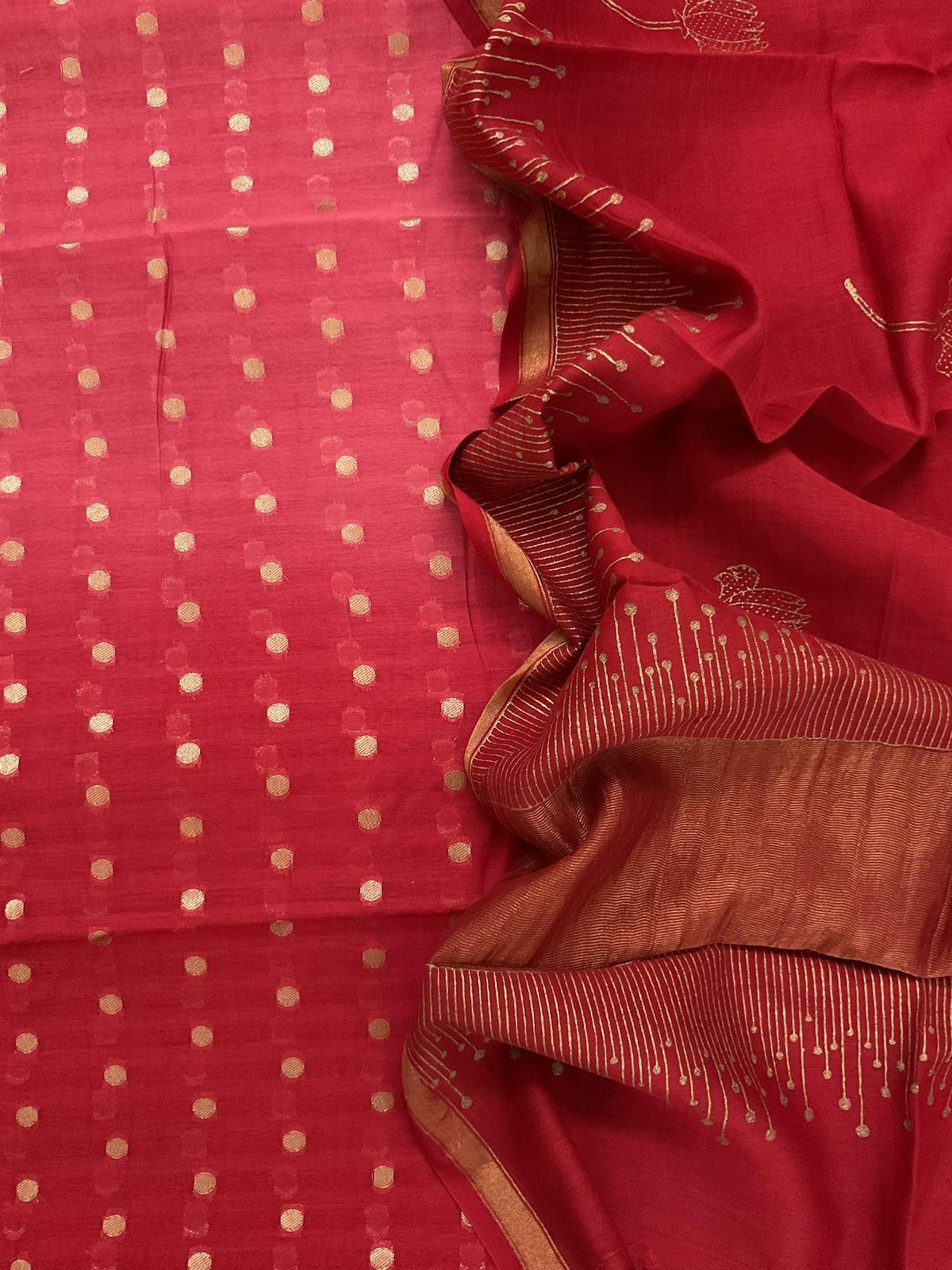 Pure Mul Chanderi Printed Banarasi Weaved Suit - Red