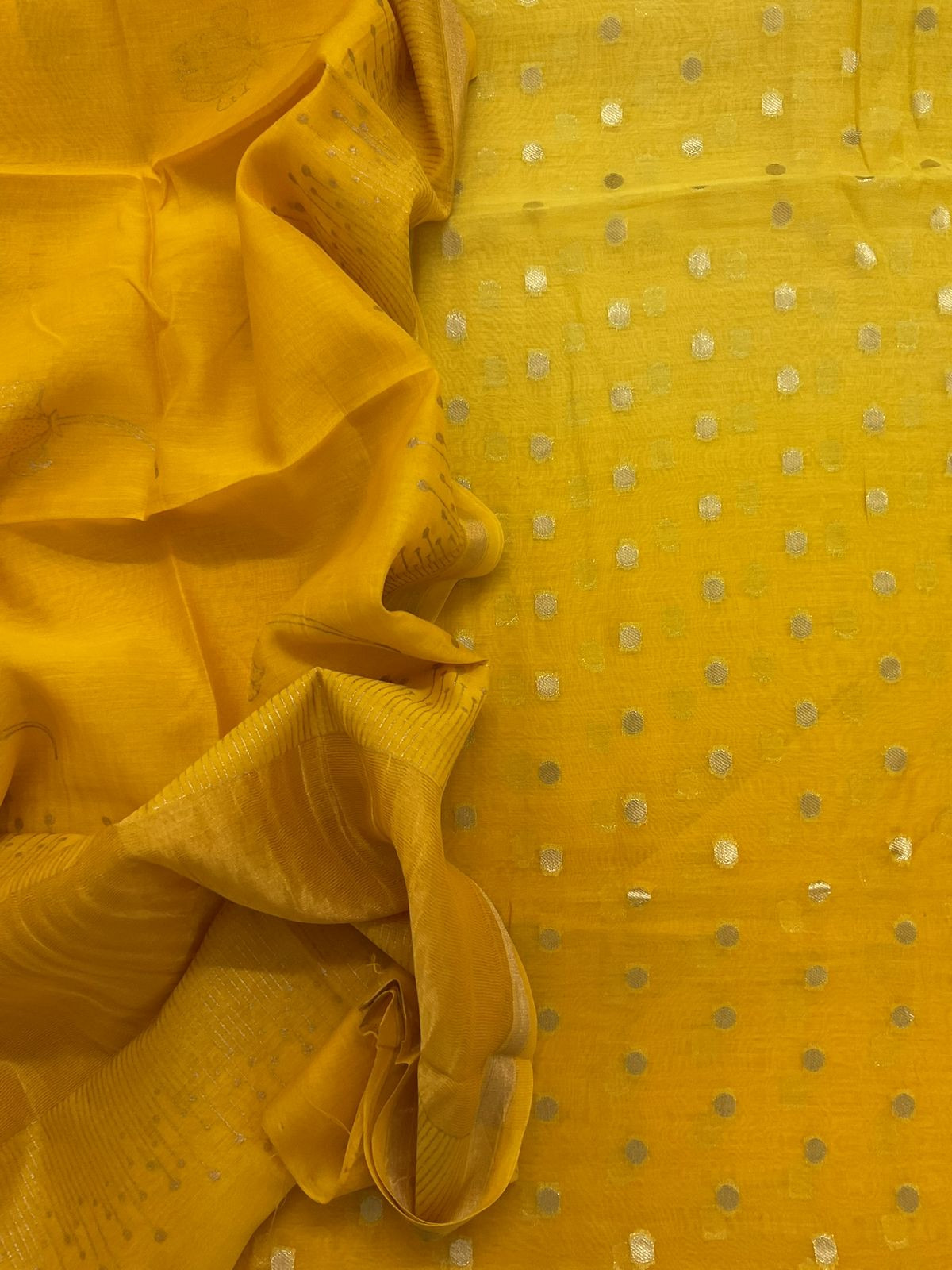 Pure Mul Chanderi Printed Banarasi Weaved Suit - Yellow