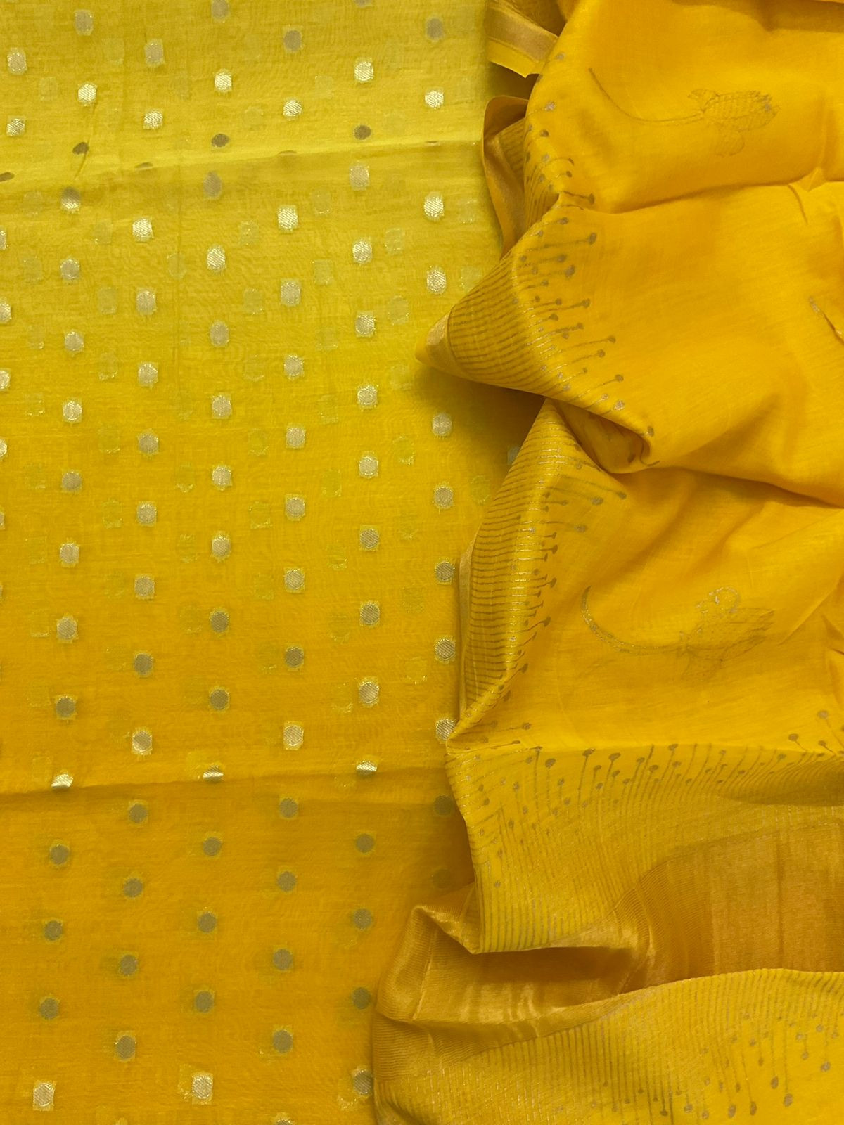 Pure Mul Chanderi Printed Banarasi Weaved Suit - Yellow