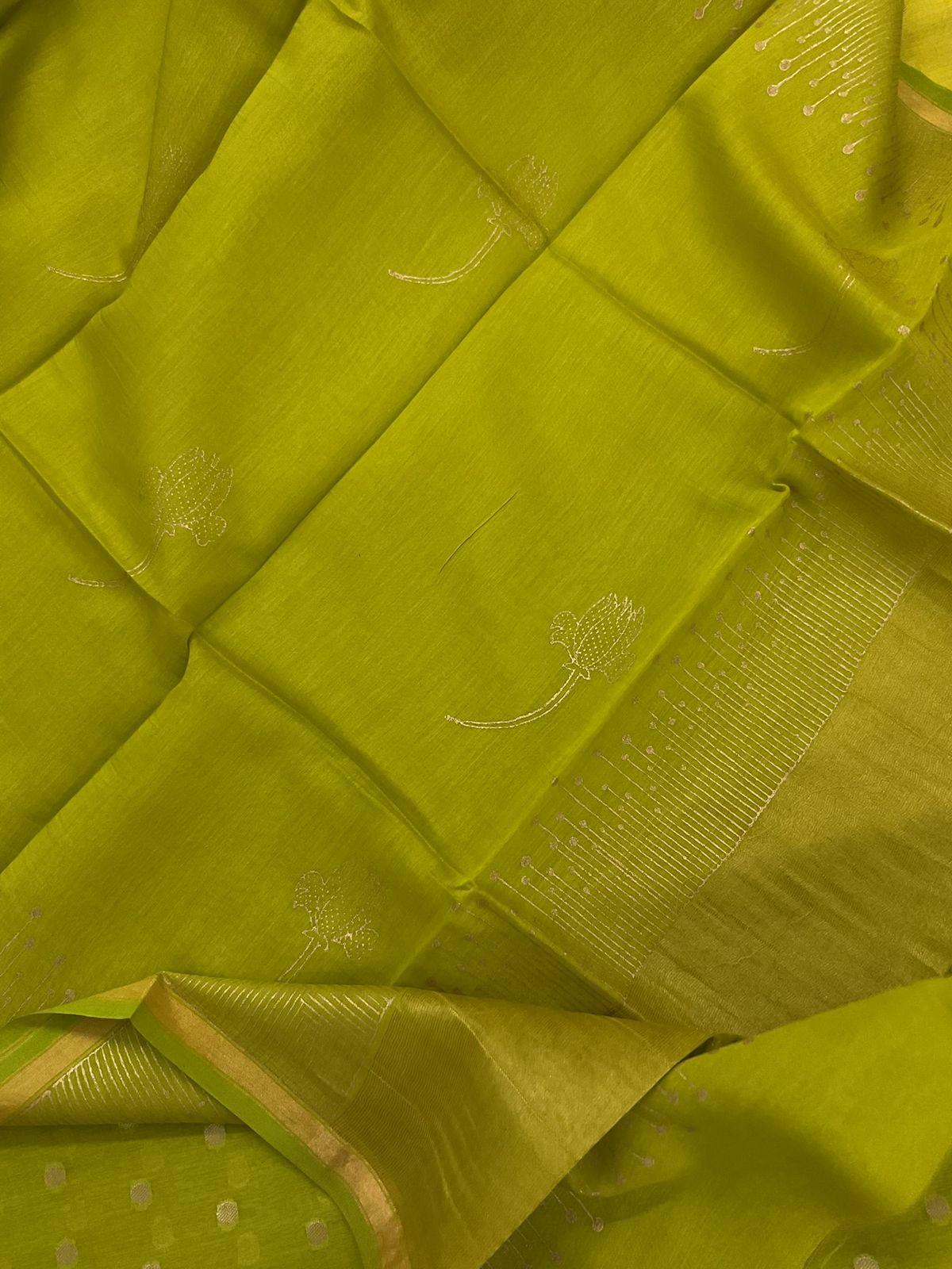 Pure Mul Chanderi Printed Banarasi Weaved Suit - Lime