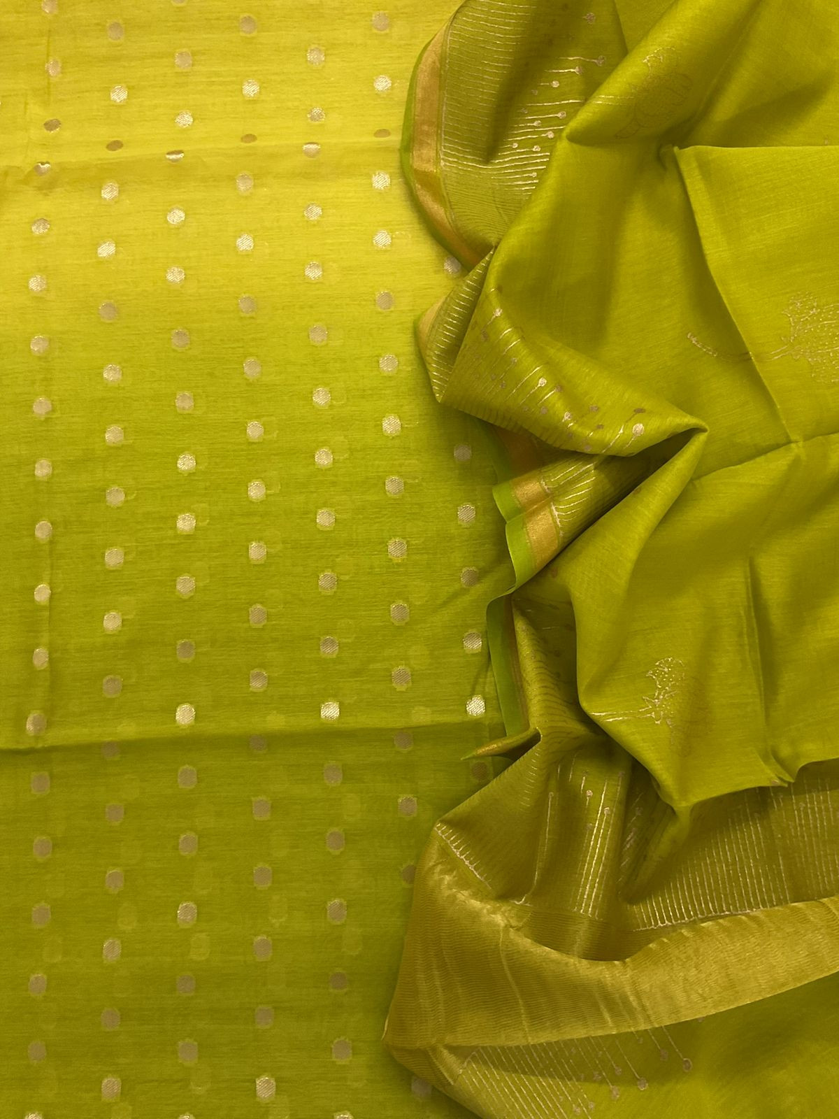 Pure Mul Chanderi Printed Banarasi Weaved Suit - Lime