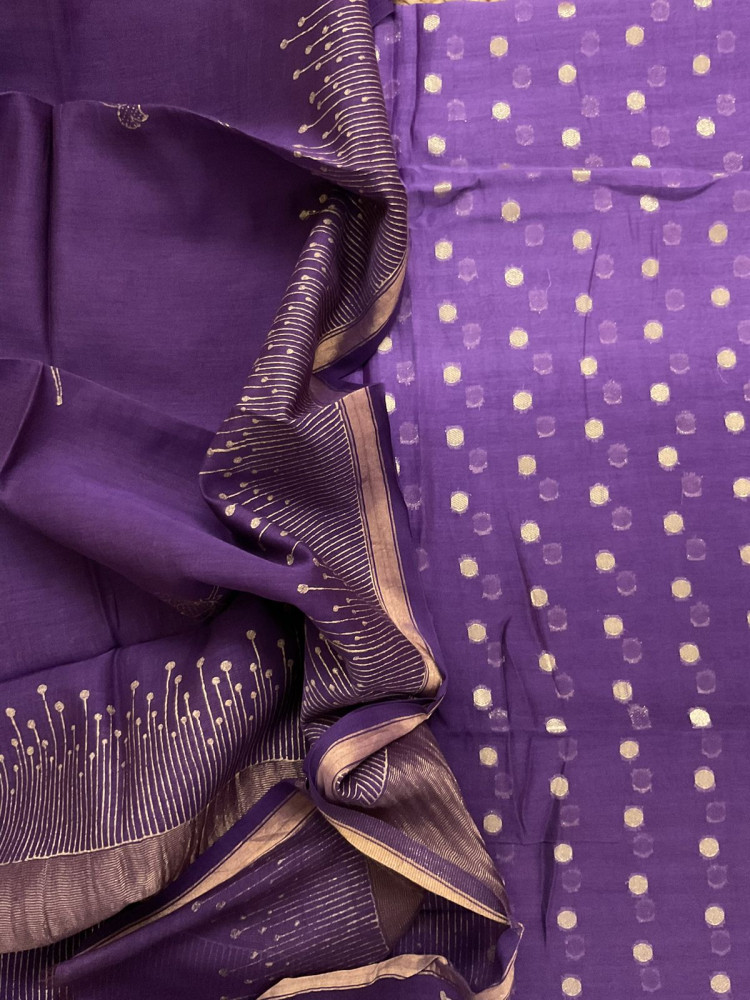 Image of Pure Mul Chanderi Printed Banarasi Weaved Suit - Violet