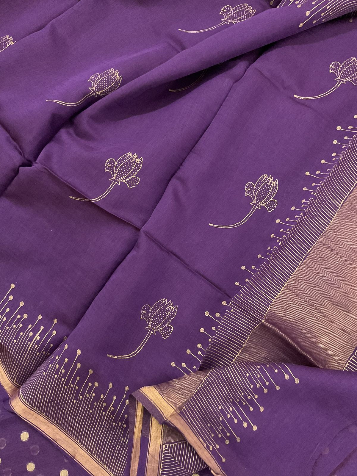 Pure Mul Chanderi Printed Banarasi Weaved Suit - Violet