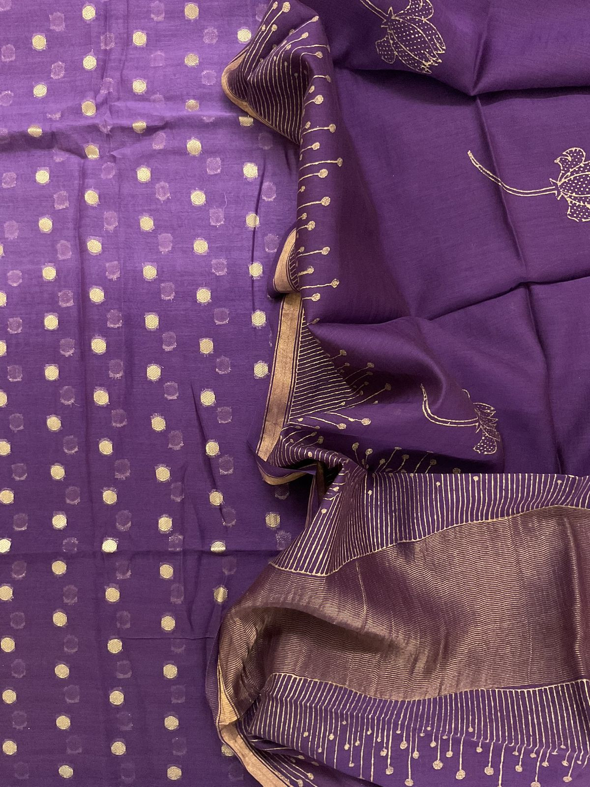 Pure Mul Chanderi Printed Banarasi Weaved Suit - Violet