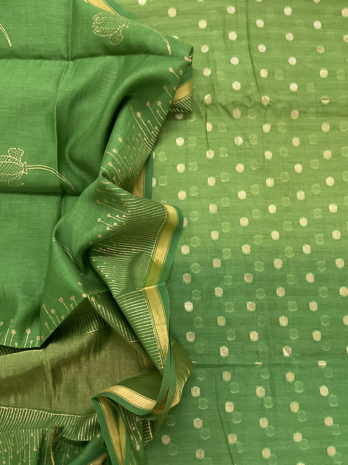 Pure Mul Chanderi Printed Banarasi Weaved Suit - Green
