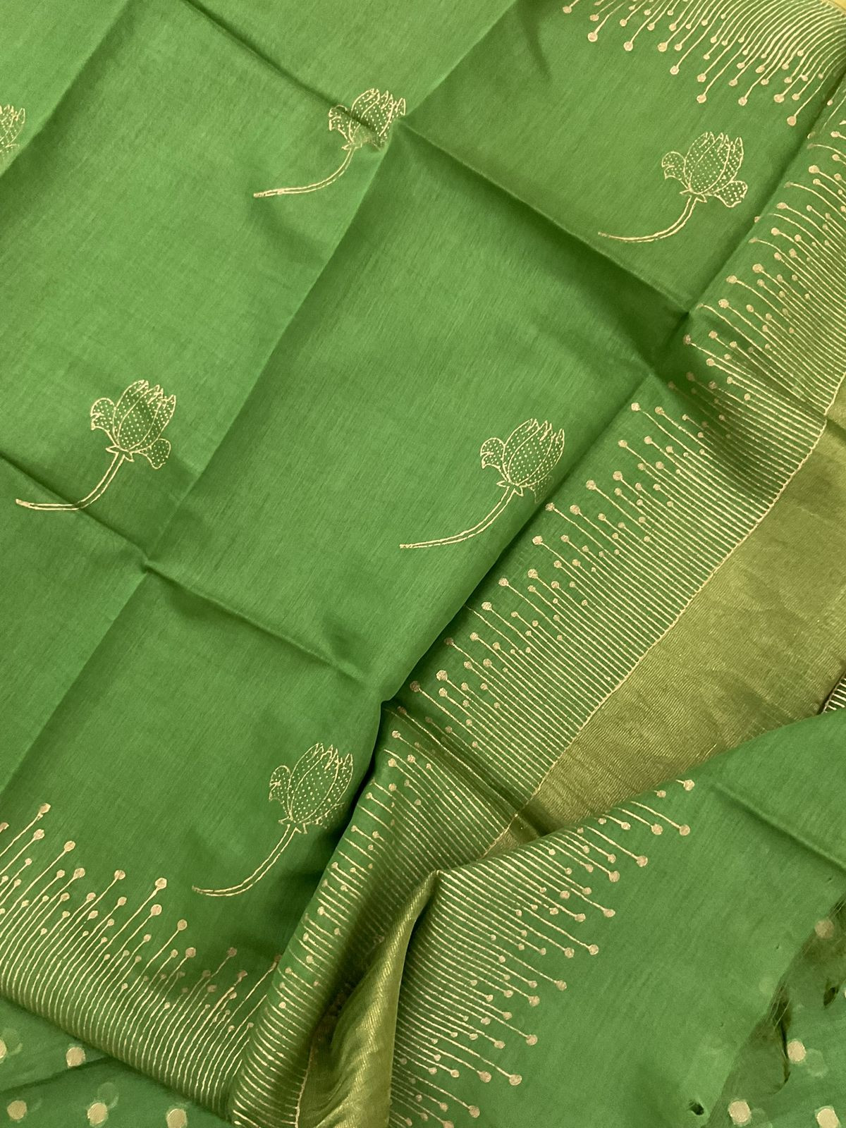 Pure Mul Chanderi Printed Banarasi Weaved Suit - Green