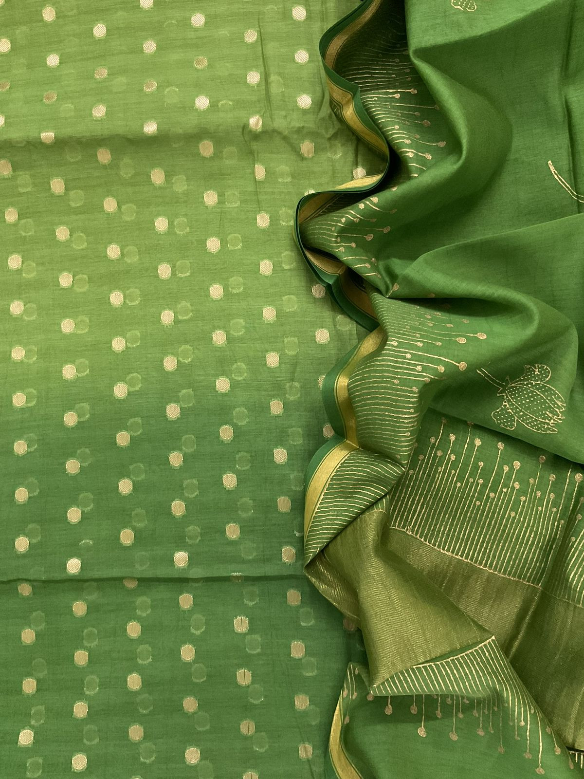 Pure Mul Chanderi Printed Banarasi Weaved Suit - Green