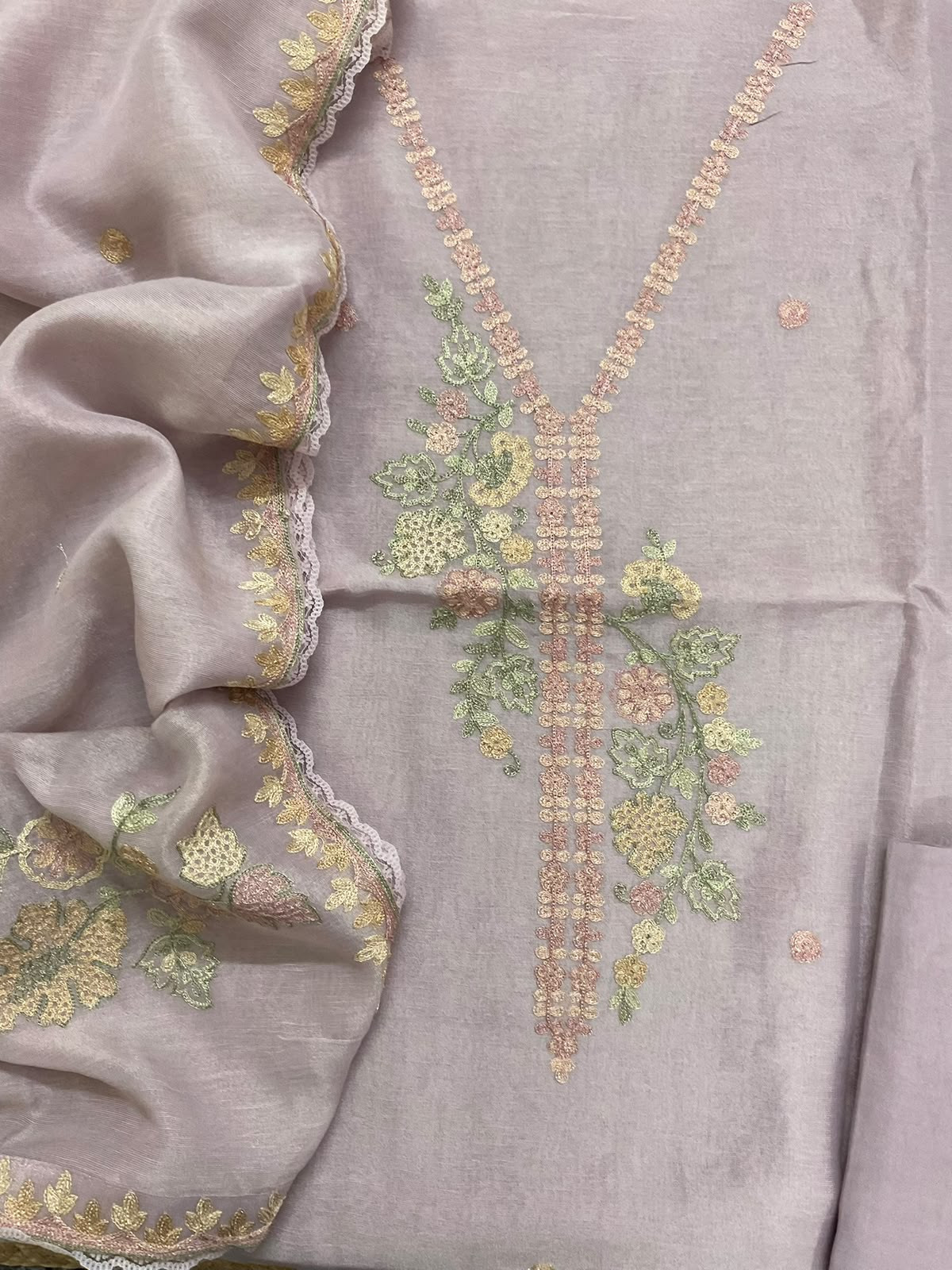 Pure Tissue Chanderi Embroidered Suit - Lavender