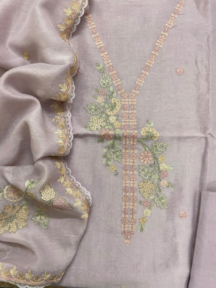 Image of Pure Tissue Chanderi Embroidered Suit - Lavender