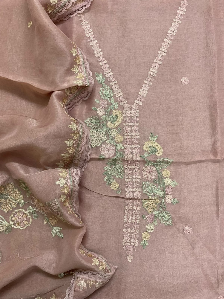 Image of Pure Tissue Chanderi Embroidered Suit - Onion Pink