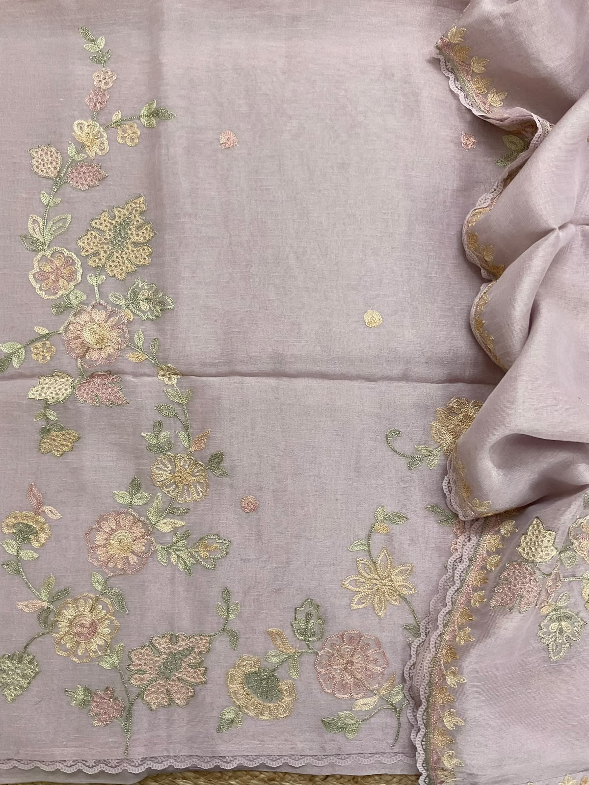 Pure Tissue Chanderi Embroidered Suit - Lavender