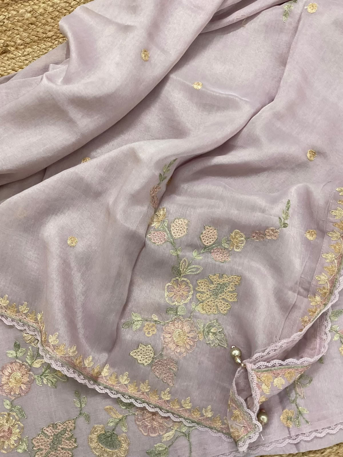 Pure Tissue Chanderi Embroidered Suit - Lavender