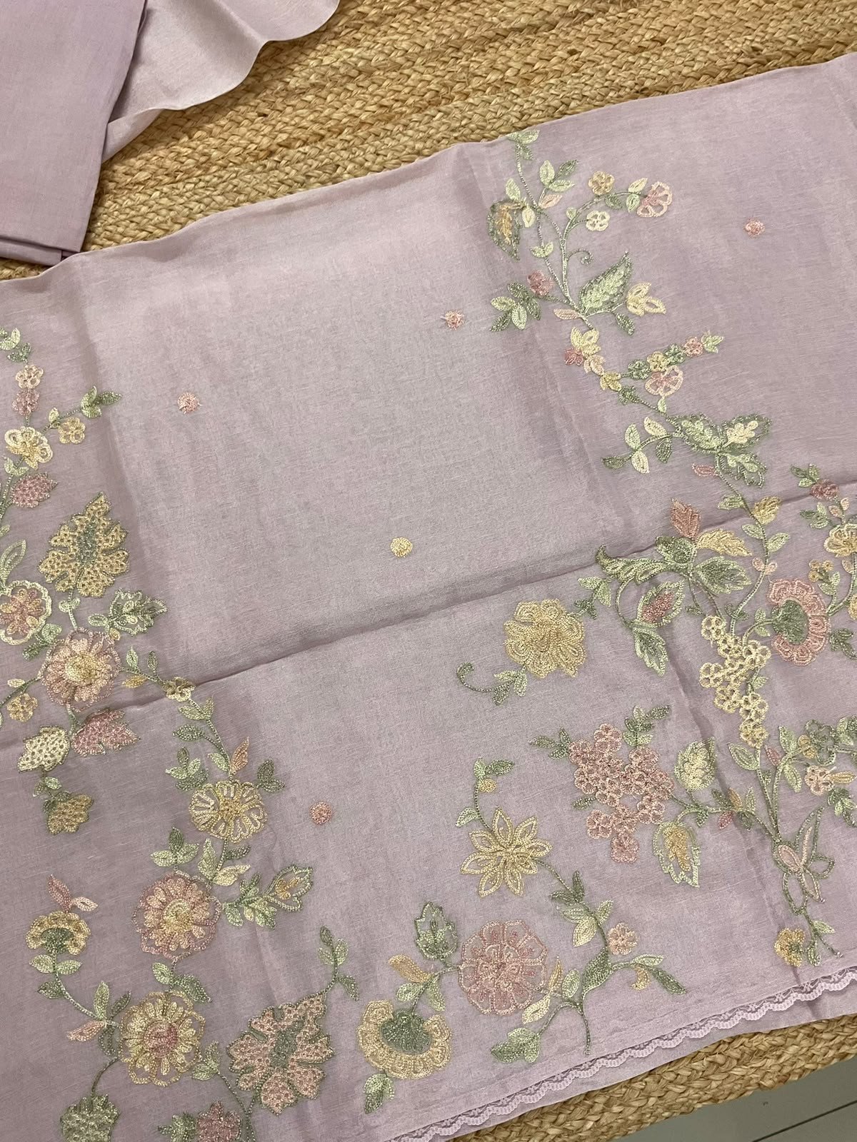 Pure Tissue Chanderi Embroidered Suit - Lavender