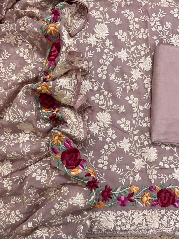 Image of Pure Fine Georgette Embroidered Suit - Onion Pink